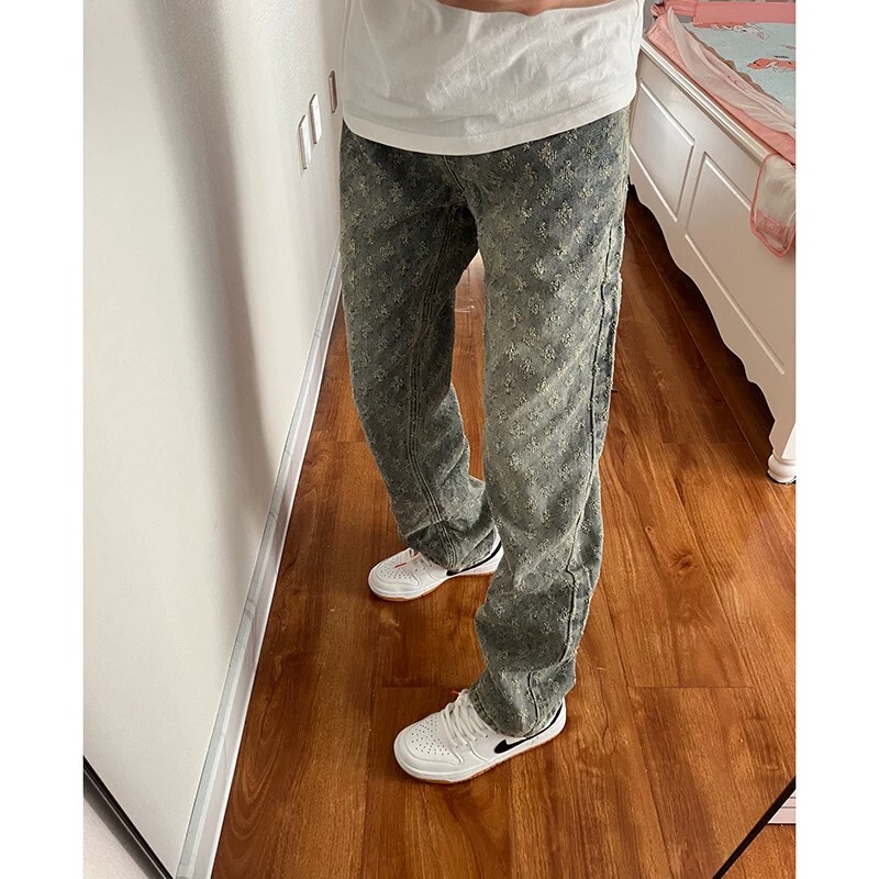 Kazuki Kuraishi's High-End Jacquard-Printed Jeans for Men, Suitable for Spring and Autumn, High-Street Style, Slightly Flared Straight-Leg Pants
