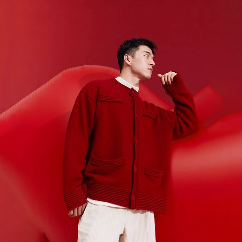 Kangshi Yishu 2027 New Year High-End Red Sweater Men's Loose Knit Cardigan Year of the Sheep Zodiac Year Clothing