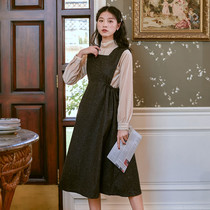 2020 Spring vintage woolen vest long dress stand collar shirt heart top long sleeve