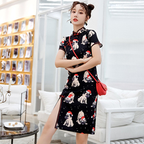 New 2020 Summer Chinese style modified cheongsam print short sleeve Daily Disc buckle slim dress women