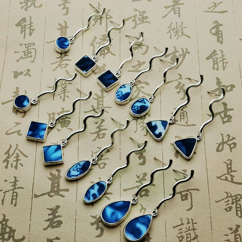 古风耳环长款个性气质超仙青花古瓷片耳坠中国风复古民族风耳饰女
