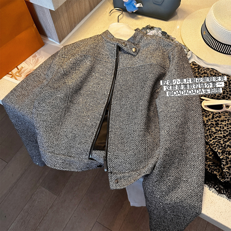 High-End Gray Tweed with Small Sequins, Stand Collar, Zipper Short Jacket for Women, 2026 Early Spring New Thin Jacket