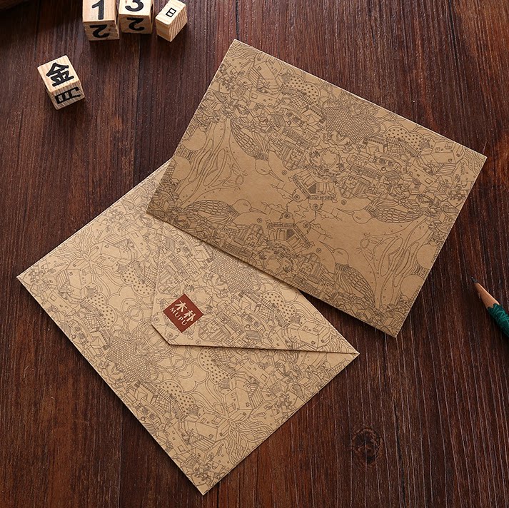 Hot selling creative retro antique exquisite printing MUPU wooden love letter envelope 100g kraft paper