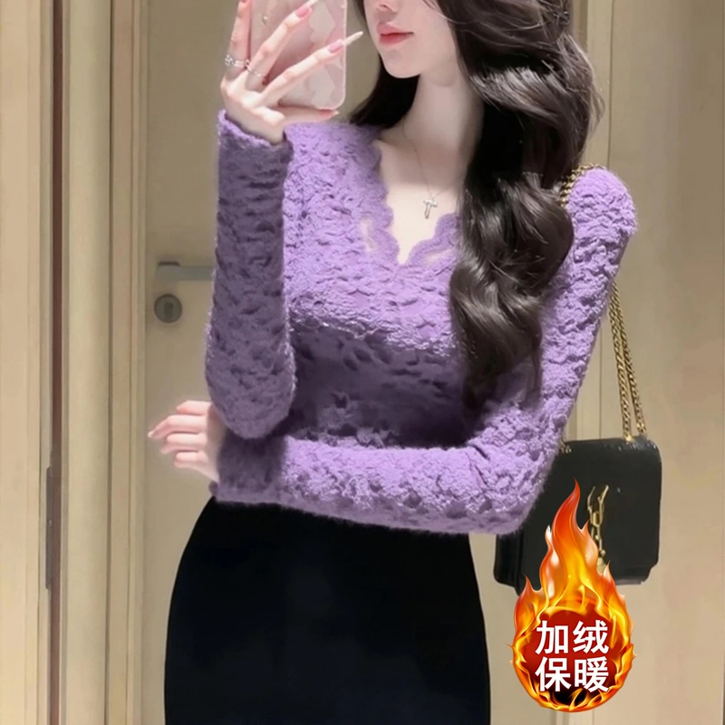 High-End Luxury Purple Lace Top, 2026 Winter Hot Item, Unique and Super Stylish, Elegant Waist-Cinching Inner Shirt