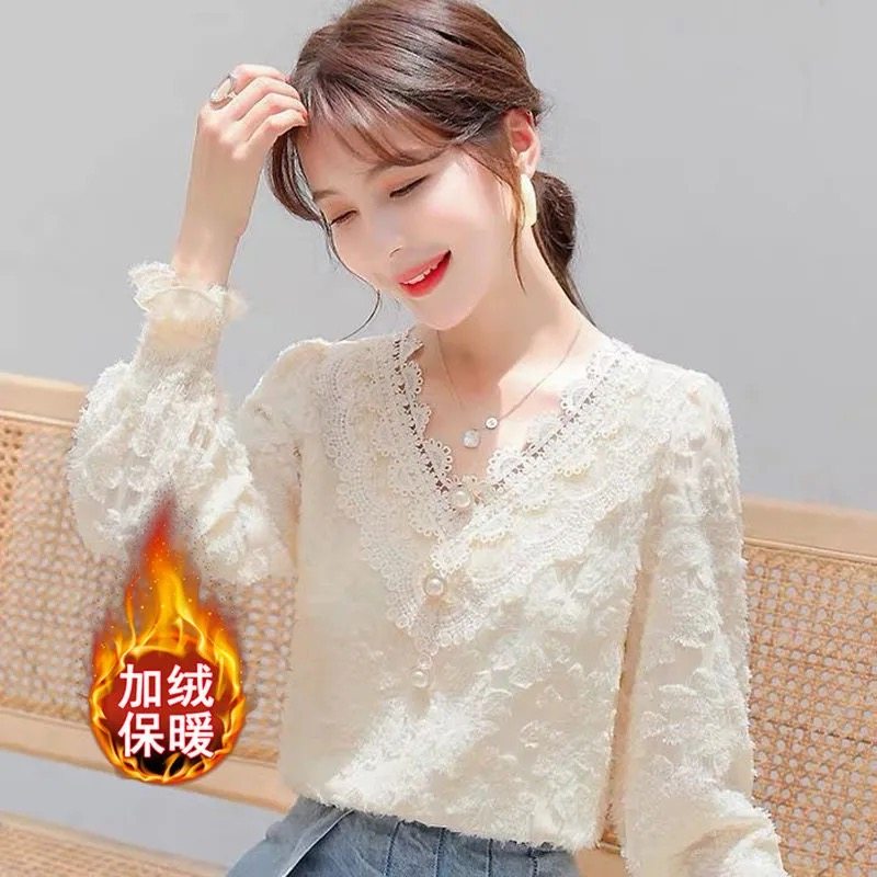 Тонкая/плюс размер бархатная рубашка с низом, женская осенне-зимняя коллекция 2025 года, новая темпераментная кружевная шифоновая рубашка с V-образным вырезом, супер сказочный топ в западном стиле