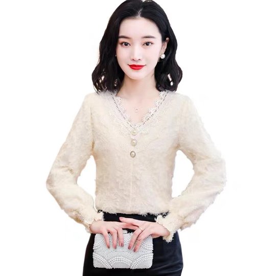 加绒/薄款洋气打底衫女秋冬装2025气质V领蕾丝边雪纺衫超仙气上衣