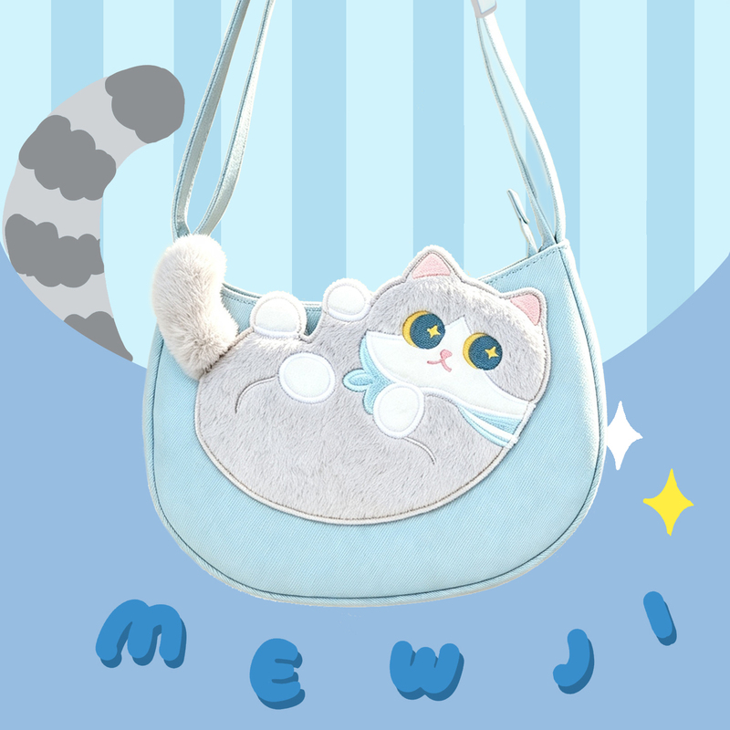 Mewji Original Cute Cat Pattern Small Tail Bag Light Blue Plush Embroidered Crossbody Bag for Women Mewji Original Cute Cat Pattern Small Tail Bag Light Blue Plush Embroidered Crossbody Bag for Women