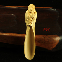 Boxwood carving land feather teaspoon solid wood log handlework home craft ornaments teaspoon kung fu tea ceremony utensils