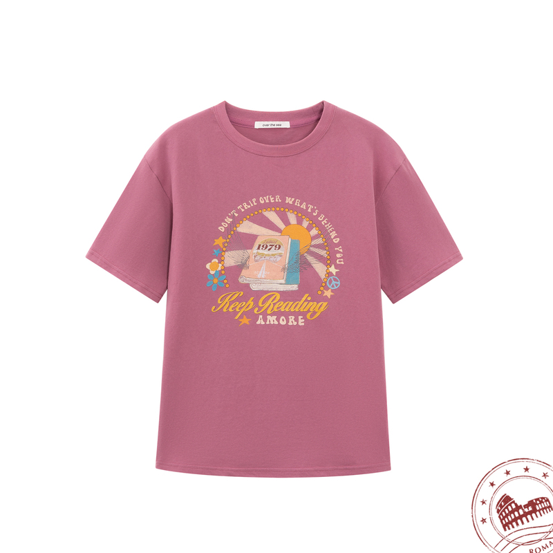 Overthsea Gray Plum Pink Retro Pattern Printed Short-Sleeved T-Shirt