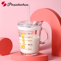 Glass Pasha Pasha imported childrens Milk Cup can be heated and high temperature resistant with scale handle water cup suction tube Cup