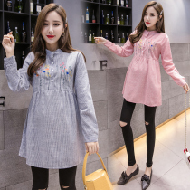 Pregnant women Spring and Autumn new fashion striped embroidery pregnant women dress tide hot mom loose slim long sleeve top