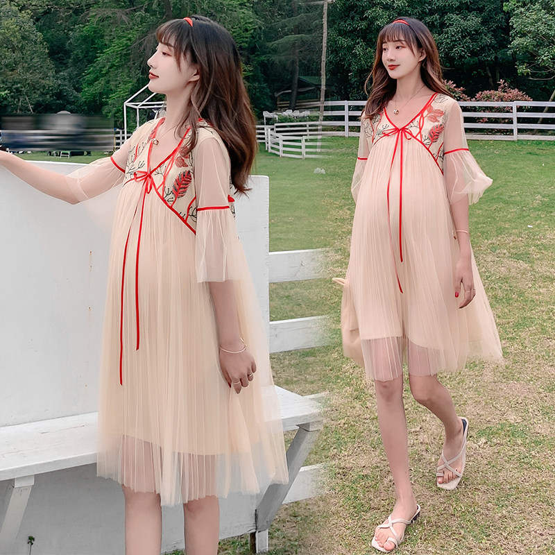 Pregnancy Woman Dress 2020 Spring Summer New Korean Version Collision Color High Waist Fairy Skirt Plexigo Skirt Short Sleeve Temperament Ancient Wind Dress-Taobao