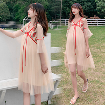 Maternity dress 2020 Spring Summer New Korean color high waist fairy dress pleated skirt short sleeve temperament antique dress