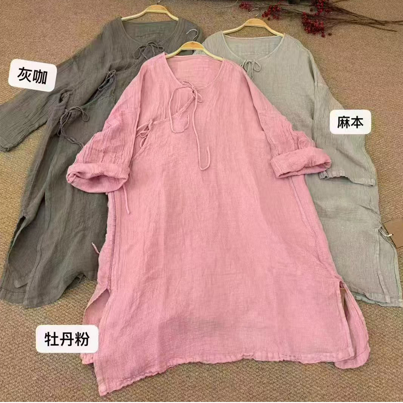 Golden Jubilee Coarse Linen Dress with Diagonal Collar and Tie, New Chinese Style Side Slit Robe 2026-1125