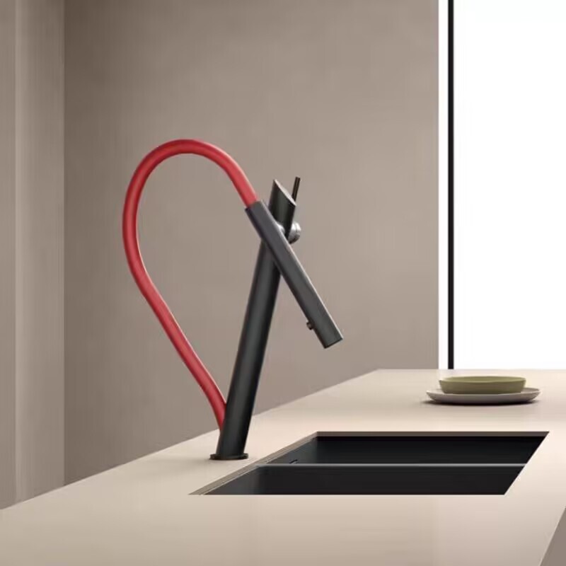 Design Art-Style Red Pull-Out Kitchen Faucet for Sink, Dishwashing Basin, Sink Faucet, Universal Magnetic Stainless Steel