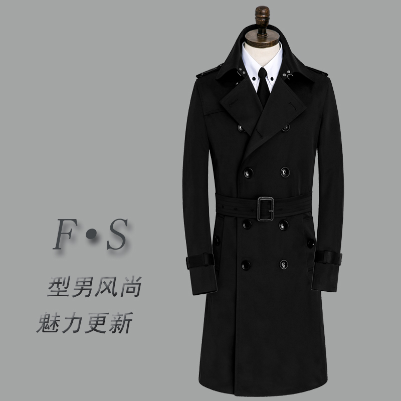 Men's Wind Clothes Long Version Sashimi Autumn winter coat windproof and waterproof Leisure medium Long version Inn trendy double-row buttoned jacket