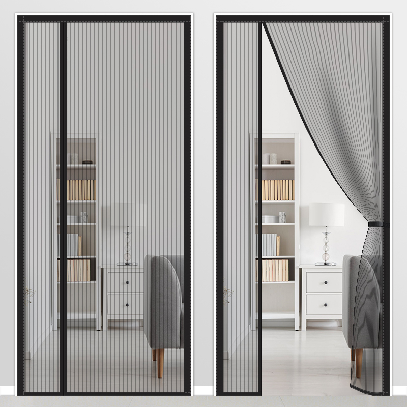 Magnetic Mosquito Net Door Curtain with Full Magnetic Strip, Side-Opening, for Home Entrance Door, Bedroom, Magnetic, No-Drill, Velcro Partition Curtain