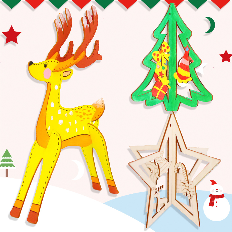 Christmas Children Solid Wood Board Painting DIY Fill Color Snowflake Clay Painting Wooden White Blank Creative Painting Graffiti Material
