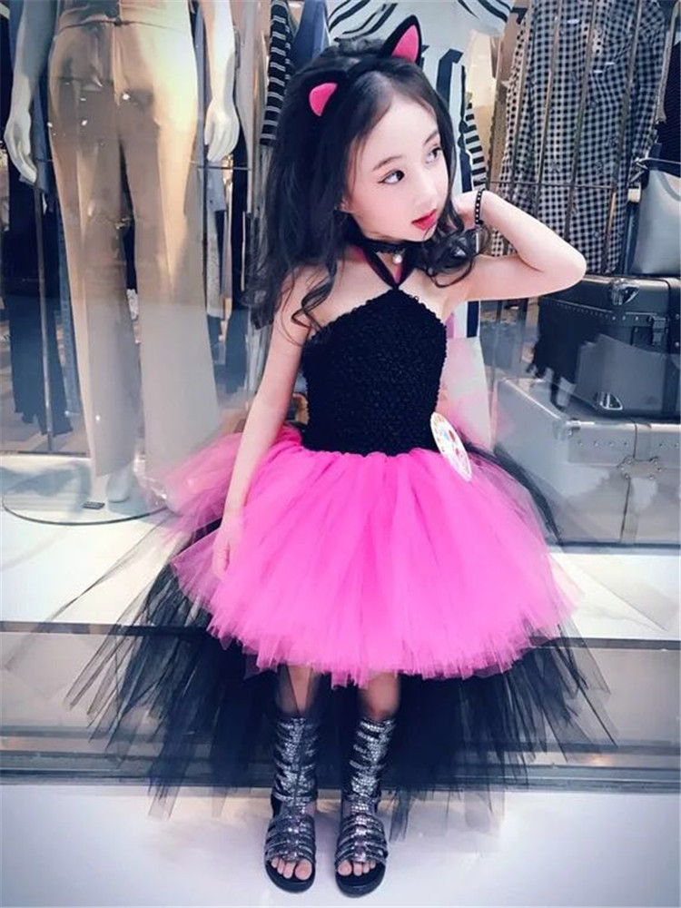 Tutu sợi cô gái sàn catwalk dress hoa hồng đỏ + đen trẻ em trước khi ngắn dài pettiskirt triều cá tính quần áo quần áo cha mẹ và con áo khoác vest bé trai