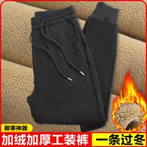 Overalls mens pants winter plus velvet padded casual trousers loose trend warm leg pants wear cotton pants
