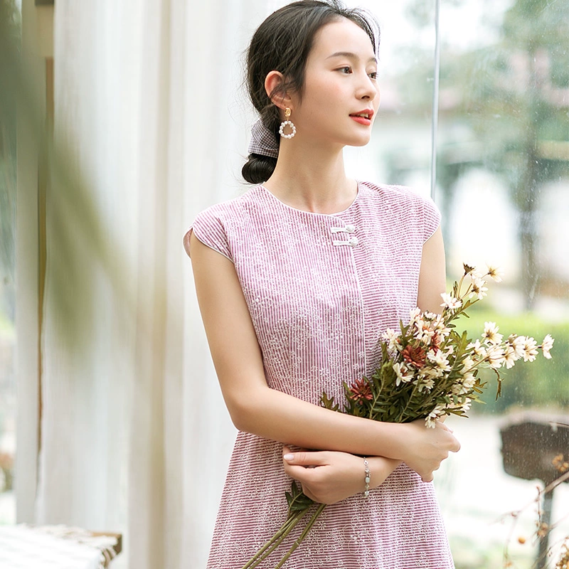 Hong Nian Womens Summer 2020 Mới Eo Slim Tay dài Váy midi Cotton Đầm ren A-line - Váy dài