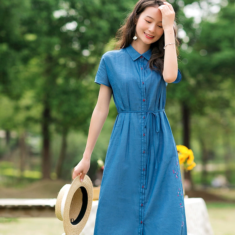 Hong Nian Womens Summer 2020 Mới Eo Eo Thin Cotton xanh Váy dài Váy ren dài A-line - Váy dài