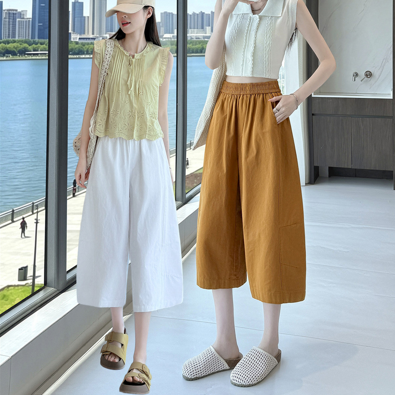 Pure Cotton Cropped Pants for Women, Summer Thin Straight-Leg Wide-Leg Pants, Casual High-Waisted Drapey Balloon Pants with a Lazy Style Pure Cotton Cropped Pants for Women, Summer Thin Straight-Leg Wide-Leg Pants, Casual High-Waisted Drapey Balloon Pants with a Lazy Style