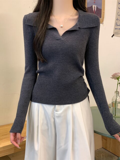Korean Style Petite Polo Collar Inner Knit Sweater for Women 2025 Autumn and Winter Drawstring Pleated Design Versatile Top