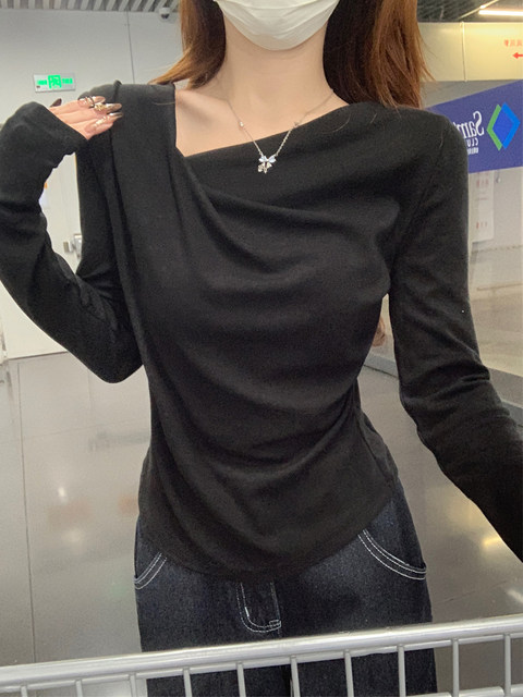 Solid Color Simple and Elegant Slim-Fit T-Shirt for Women 2025 Autumn Irregular Off-Shoulder High-End Draped Neckline Top