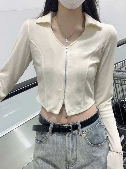 Spring, Autumn and Winter New Style Sweet and Spicy Girl Style Fishbone Design Double Zipper Cardigan Women's Polo Collar Unique and Beautiful Top