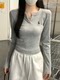 Gray Half-Open Collar Chic and Beautiful T-Shirt Base Layer for Women 2025 Autumn Embroidered Design Stylish V-Neck Slim Fit Top