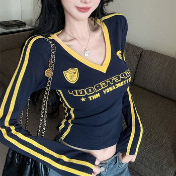 Trendy Slim-Fit V-Neck Color-Block Raglan Sleeve T-Shirt for Women, Autumn Pure and Desirable Style, High-End Niche Design, Unique Top