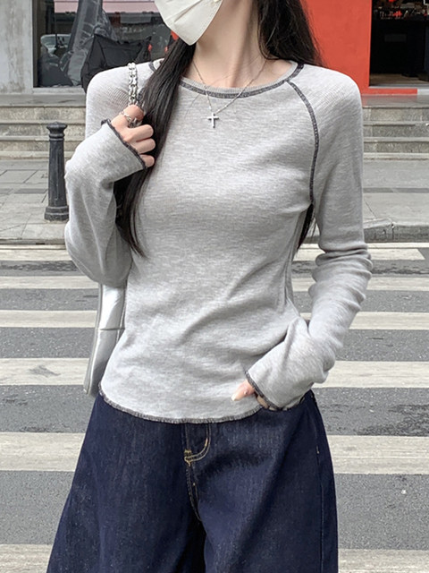 Ruffled Design Raglan Long-Sleeve Base Shirt for Women, 2025 Autumn Round Neck Trendy Korean Style T-Shirt Top