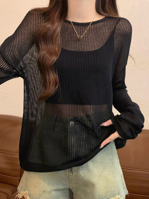 Sexy and Alluring Black Long-Sleeve Hollow-Out Knit Top for Women, Spring Thin See-Through Sun Protection Cover-Up, Loose Versatile Top