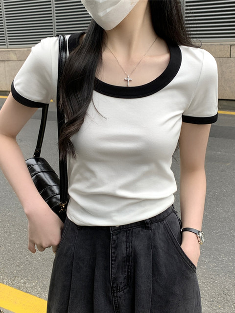 2025 Spring/Summer New French Style Square Neck Short Sleeve T-Shirt for Women, Color Block Versatile Korean Chic Short Top