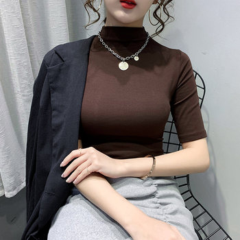 Half-High Collar, Regular Shoulder, Short-Sleeve T-Shirt for Women, European Style, 2023 Spring and Autumn New Korean Version, Slim-Fit Half-Sleeve Base Shirt Top