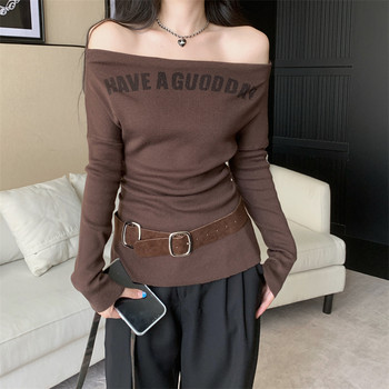 Sexy One-Shoulder Amber Shimmer Style Knit Top for Women, Autumn High-End Look with Belt, Slim-Fit Hot Girl Top
