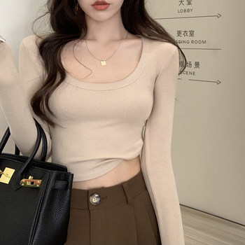 Pure Desire Hot Girl Style Low U-Neck Slim-Fit Long-Sleeve T-Shirt for Women, Autumn and Winter Stretchy Slightly Sexy Cropped Simple Base Shirt