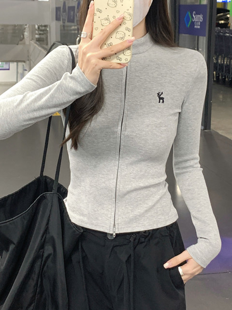 2025 Autumn/Winter Designer Half-Open Collar Slim Fit Base Shirt for Women with Stand Collar and Double Zipper, Unique and Stylish Top