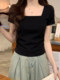 French-Style Minimalist Design That Exudes a High-End Feel, Women's Square-Neck Short Pleated T-Shirt with a Premium Feel, Short-Sleeved Base Shirt