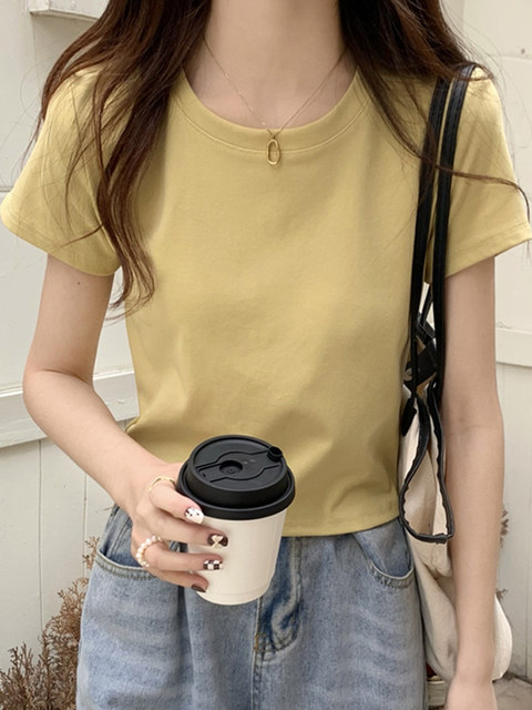 Basic Solid Color Round Neck Regular Shoulder Short-Sleeve T-Shirt for Women, New Summer Style, Petite, Slim Fit, Versatile Top