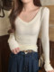 Korean Style Retro Slim-Fit V-Neck Knit Sweater for Women 2025 Autumn Solid Color Basic Inner Layer Versatile Elegant Top