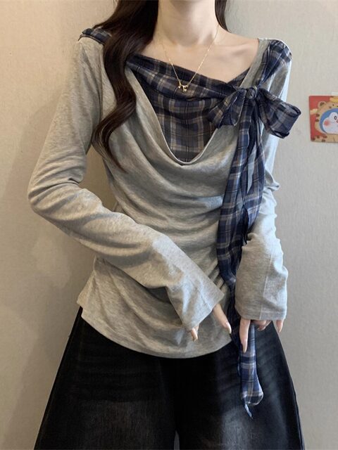 Unique Design with a Distinctive Collar, Beautiful and Stylish T-Shirt for Women, Early Autumn, Faux Two-Piece Plaid Patchwork with Tie, Versatile Top ins