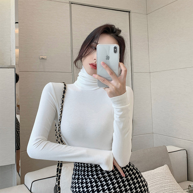 Basic Thickened Warm Turtleneck Brushed Long-Sleeve T-Shirt for Women, New Autumn and Winter Slim-Fit Base Layer Top for Women