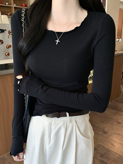 White Off-The-Shoulder Fashionable Versatile Chic and Beautiful T-Shirt for Women, 2025 Autumn, with Ruffled Design, Thin Top