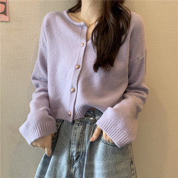 Korean-Style Candy-Colored Round-Neck Long-Sleeve Knitted Cardigan for Women, Fashionable Short Style for Autumn, Soft and Unique Top
