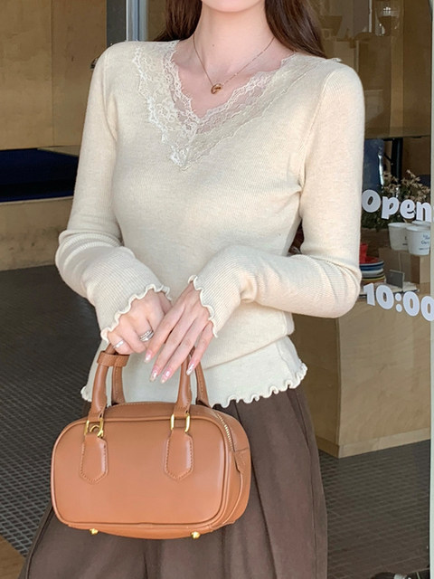 2025 New French-Style Lace V-Neck Knit Sweater for Women, Unique Slim Fit, Super Flattering Winter Base Layer Top