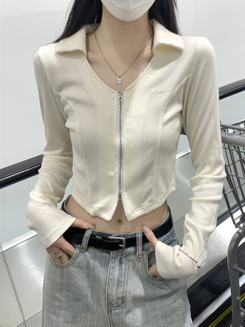 Spring, Autumn and Winter New Style Sweet and Spicy Girl Style Fishbone Design Double Zipper Cardigan Women's Polo Collar Unique and Beautiful Top