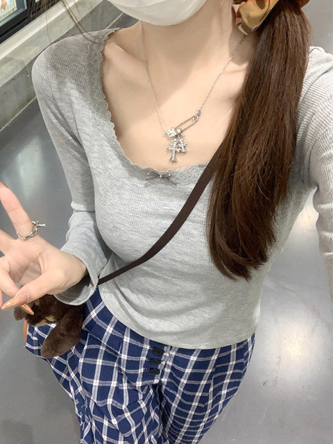 Fashionable Petite Style Round Neck Lace-Trimmed T-Shirt for Women, New Autumn Style, Age-Reducing, Gentle, Slim-Fitting, Slimming Short Top