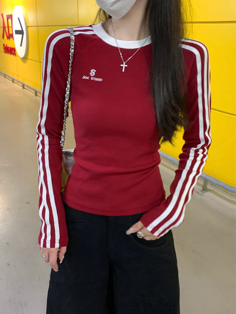 Sports Style Contrasting Color Raglan Striped Long-Sleeved T-Shirt for Women, New Autumn Korean Style Design, Black High-End Top